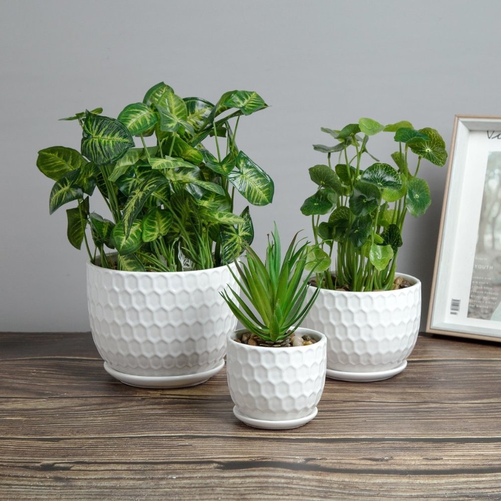 White 3pc Set Textured Ceramic Planters and Attached Saucers #POT0055